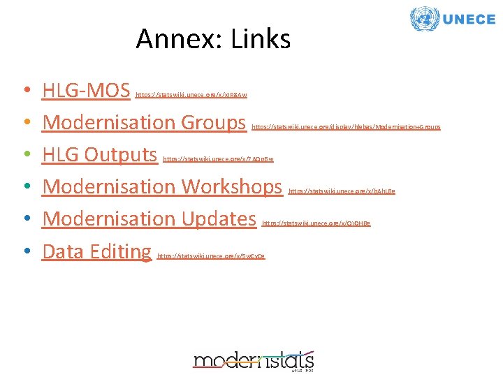 Annex: Links • • • HLG-MOS Modernisation Groups HLG Outputs Modernisation Workshops Modernisation Updates Annex: Links • • • HLG-MOS Modernisation Groups HLG Outputs Modernisation Workshops Modernisation Updates