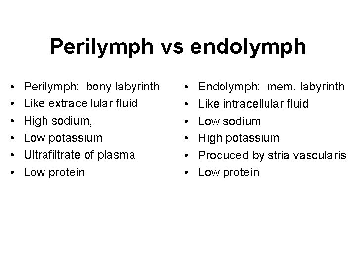 Perilymph vs endolymph • • • Perilymph: bony labyrinth Like extracellular fluid High sodium,