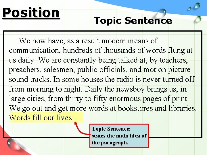 Position Topic Sentence We now have, as a result modern means of communication, hundreds
