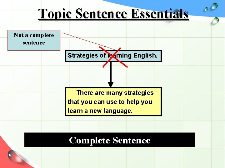 Topic Sentence Essentials Not a complete sentence Strategies of learning English. There are many