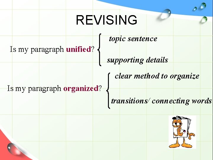 REVISING topic sentence Is my paragraph unified? supporting details clear method to organize Is