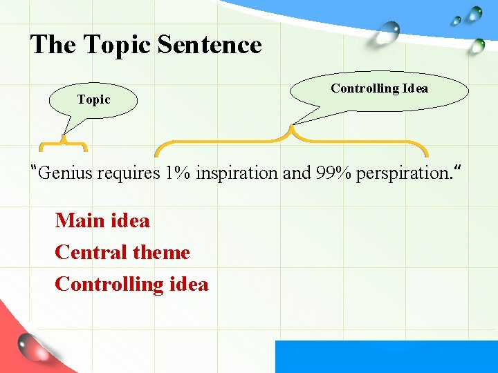 The Topic Sentence Topic Controlling Idea “Genius requires 1% inspiration and 99% perspiration. ”