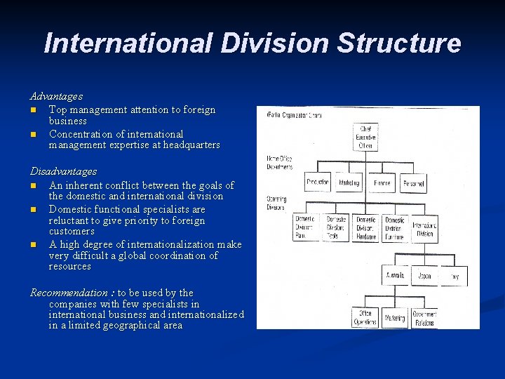 International Division Structure Advantages n Top management attention to foreign business n Concentration of