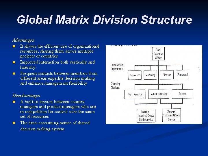 Global Matrix Division Structure Advantages n It allows the efficient use of organizational resources,
