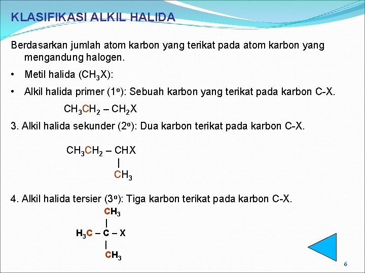 KLASIFIKASI ALKIL HALIDA Berdasarkan jumlah atom karbon yang terikat pada atom karbon yang mengandung KLASIFIKASI ALKIL HALIDA Berdasarkan jumlah atom karbon yang terikat pada atom karbon yang mengandung