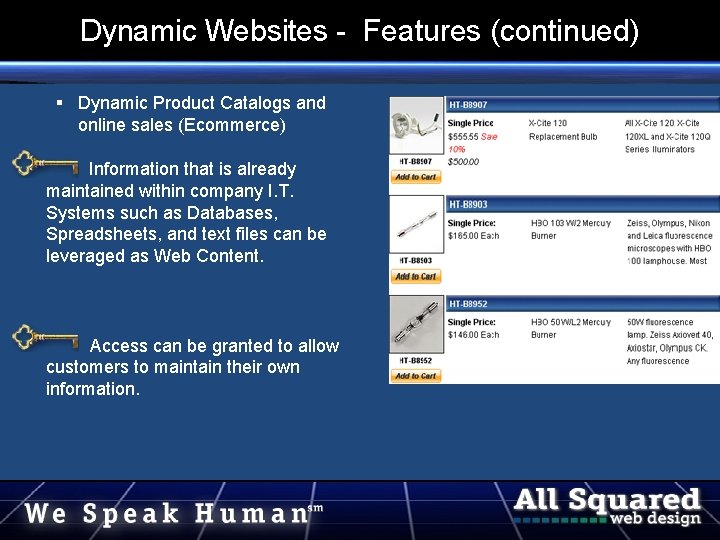 Dynamic Websites - Features (continued) Dynamic Product Catalogs and online sales (Ecommerce) Information that