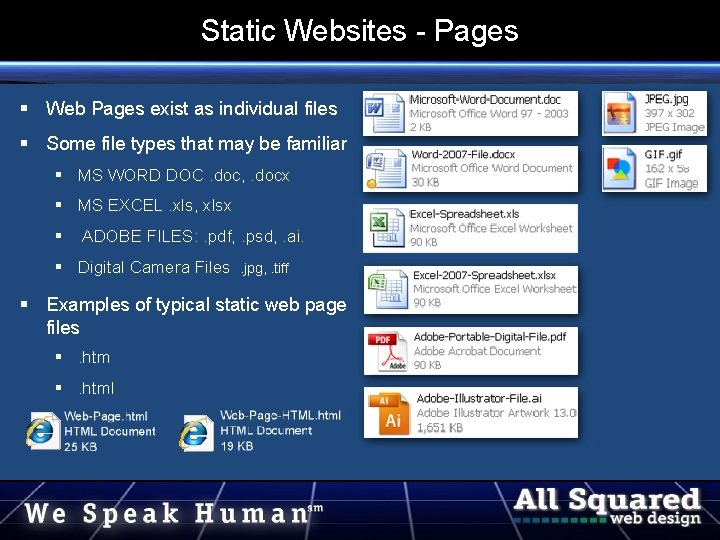 Static Websites - Pages Web Pages exist as individual files Some file types that