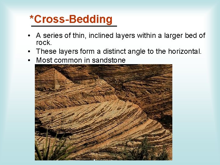 *Cross-Bedding _______ • A series of thin, inclined layers within a larger bed of