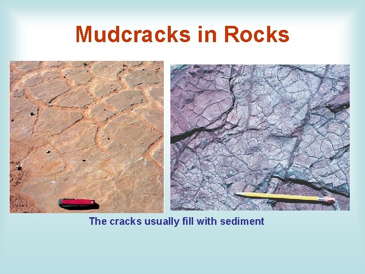 Mudcracks in Rocks The cracks usually fill with sediment 