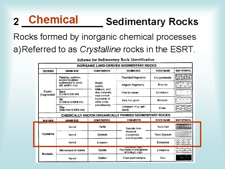 Chemical 2 _______ Sedimentary Rocks formed by inorganic chemical processes a)Referred to as Crystalline