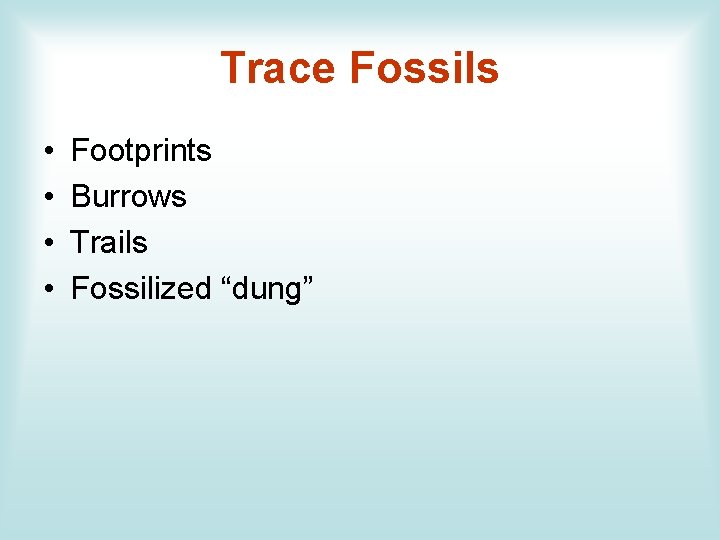 Trace Fossils • • Footprints Burrows Trails Fossilized “dung” 