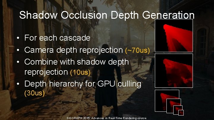 Shadow Occlusion Depth Generation • For each cascade • Camera depth reprojection (~70 us) Shadow Occlusion Depth Generation • For each cascade • Camera depth reprojection (~70 us)