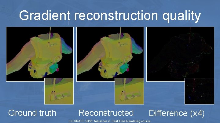 Gradient reconstruction quality Ground truth Reconstructed Difference (x 4) SIGGRAPH 2015: Advances in Real-Time Gradient reconstruction quality Ground truth Reconstructed Difference (x 4) SIGGRAPH 2015: Advances in Real-Time
