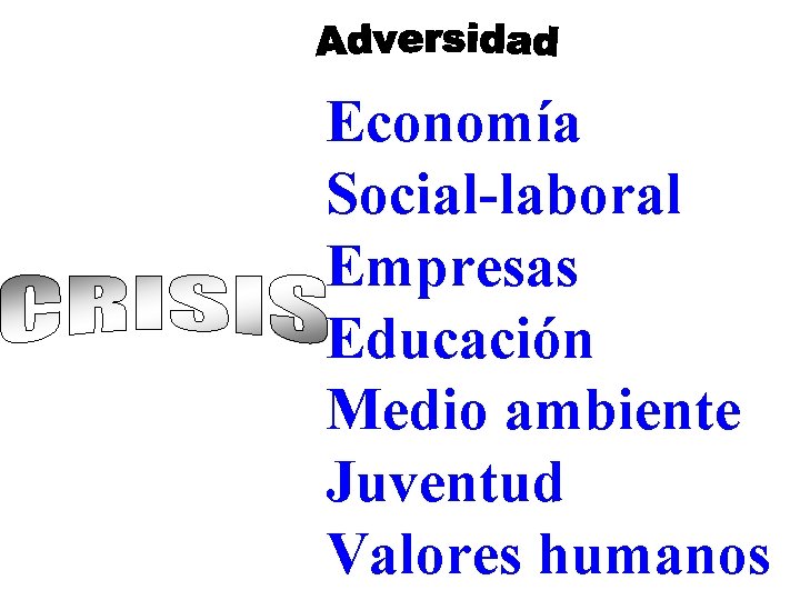 Economía Social-laboral Empresas Educación Medio ambiente Juventud Valores humanos 