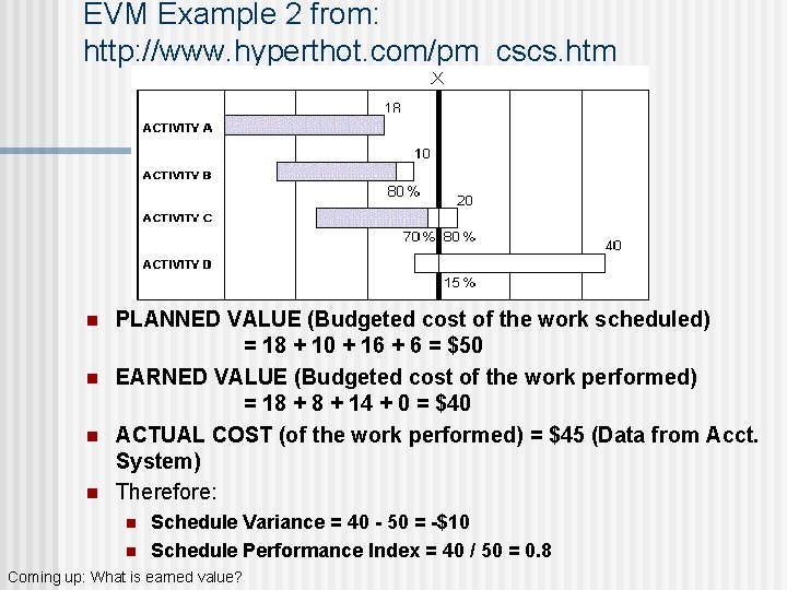 EVM Example 2 from: http: //www. hyperthot. com/pm_cscs. htm n n PLANNED VALUE (Budgeted