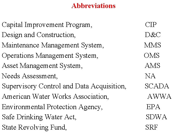 Abbreviations Capital Improvement Program, Design and Construction, Maintenance Management System, Operations Management System, Asset