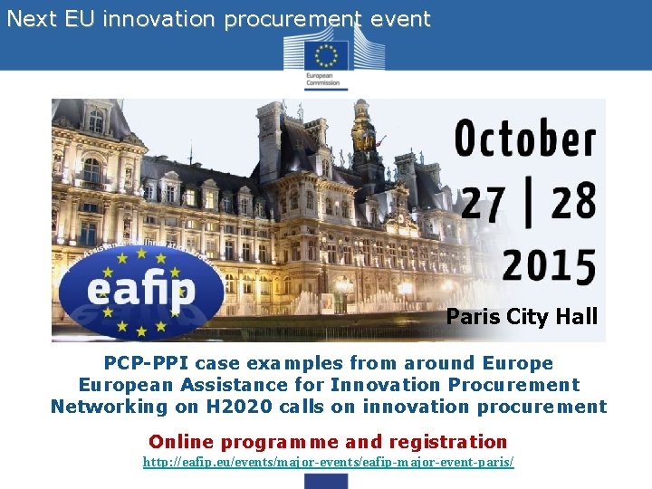 Next EU innovation procurement event Paris City Hall PCP-PPI case examples from around European