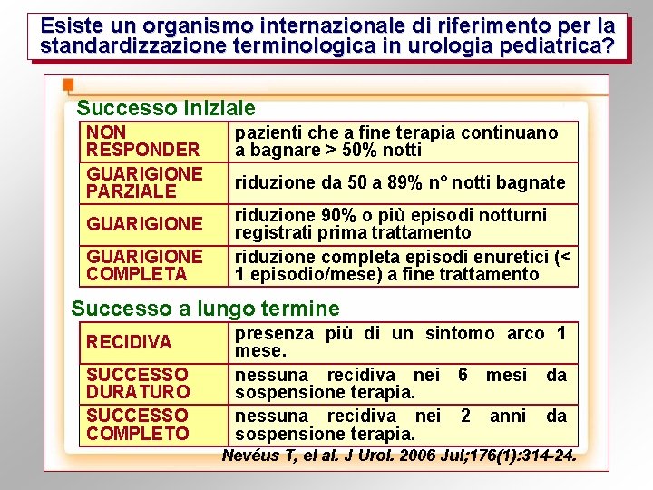 Esiste un organismo internazionale di riferimento per la standardizzazione terminologica in urologia pediatrica? Successo