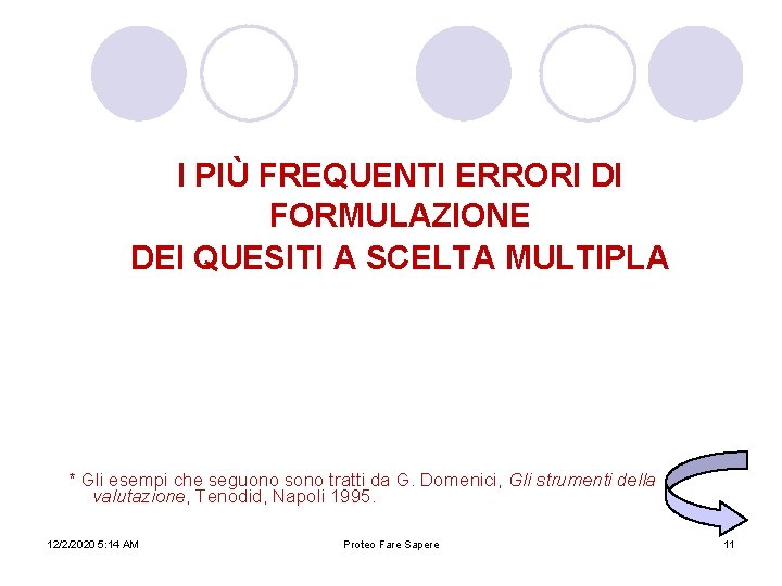 I PIÙ FREQUENTI ERRORI DI FORMULAZIONE DEI QUESITI A SCELTA MULTIPLA * Gli esempi I PIÙ FREQUENTI ERRORI DI FORMULAZIONE DEI QUESITI A SCELTA MULTIPLA * Gli esempi