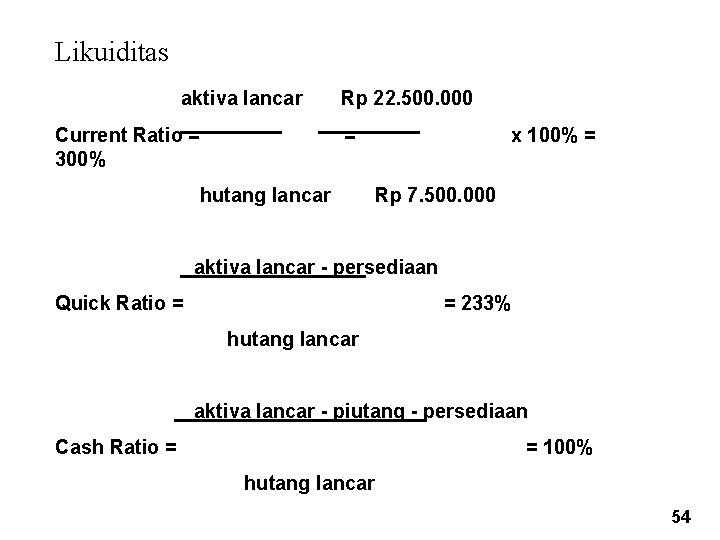 Likuiditas aktiva lancar Current Ratio = 300% Rp 22. 500. 000 = hutang lancar