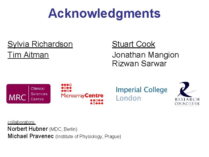 Acknowledgments Sylvia Richardson Tim Aitman Stuart Cook Jonathan Mangion Rizwan Sarwar collaborators: Norbert Hubner