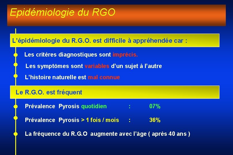 Epidémiologie du RGO L’épidémiologie du R. G. O. est difficile à appréhendée car :