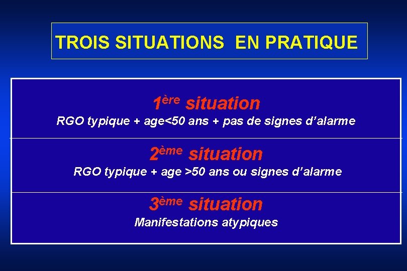 TROIS SITUATIONS EN PRATIQUE 1ère situation RGO typique + age<50 ans + pas de