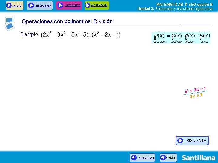 INICIO ESQUEMA INTERNET ACTIVIDAD MATEMÁTICAS 4º ESO opción B Unidad 3: Polinomios y fracciones