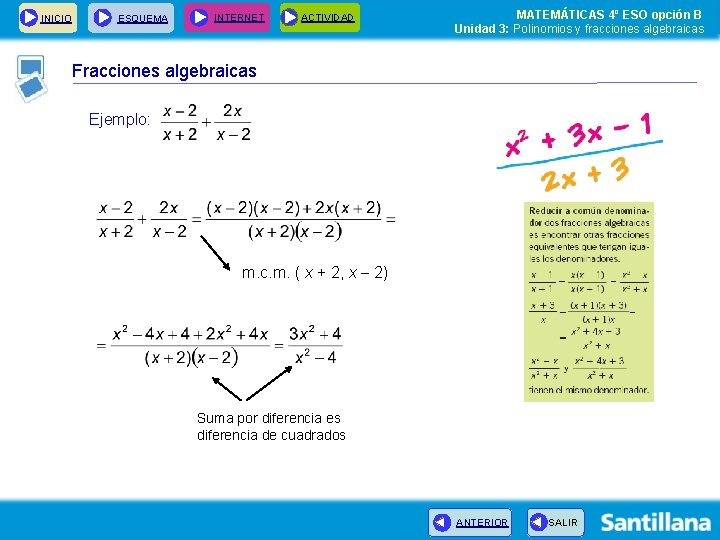 INICIO ESQUEMA INTERNET ACTIVIDAD MATEMÁTICAS 4º ESO opción B Unidad 3: Polinomios y fracciones