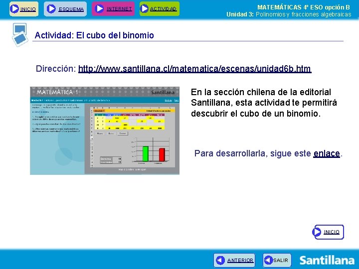 INICIO ESQUEMA INTERNET ACTIVIDAD MATEMÁTICAS 4º ESO opción B Unidad 3: Polinomios y fracciones