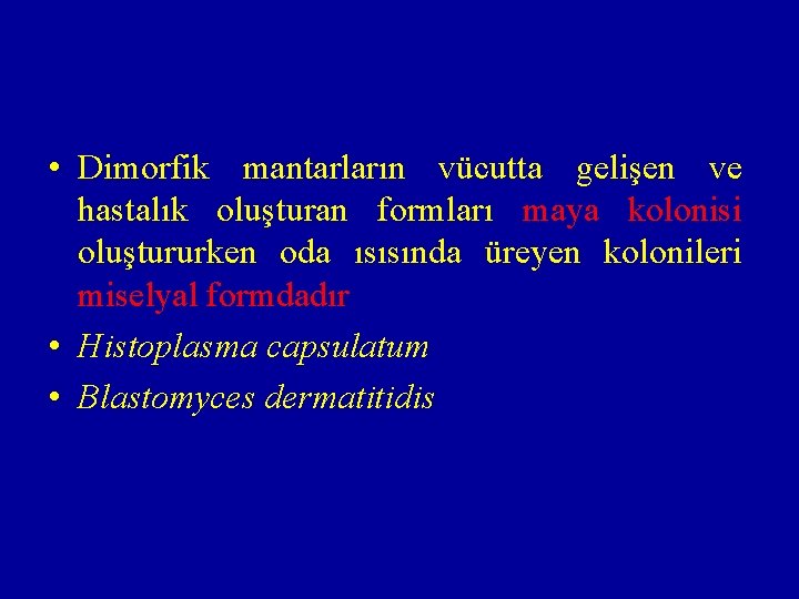  • Dimorfik mantarların vücutta gelişen ve hastalık oluşturan formları maya kolonisi oluştururken oda