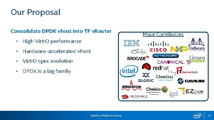 Our Proposal Consolidate DPDK vhost into TF v. Router Major Contributors • High Virt.