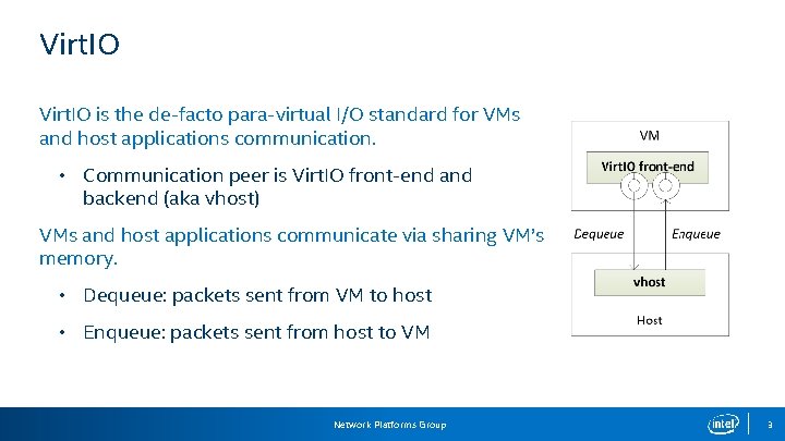 Virt. IO is the de-facto para-virtual I/O standard for VMs and host applications communication.