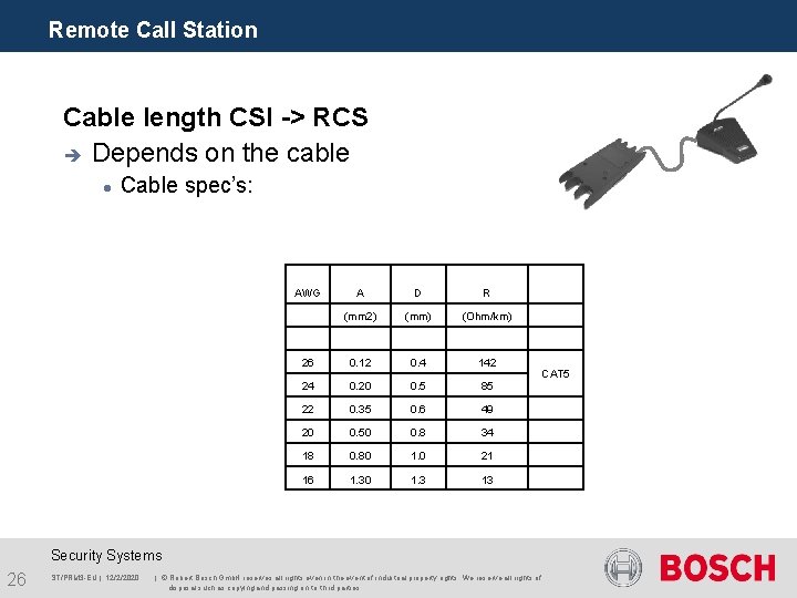 Remote Call Station Cable length CSI -> RCS è Depends on the cable Cable