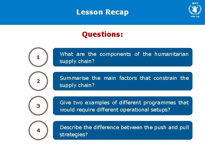 Lesson Recap Lesson Questions: 1 What are the components of the humanitarian supply chain?