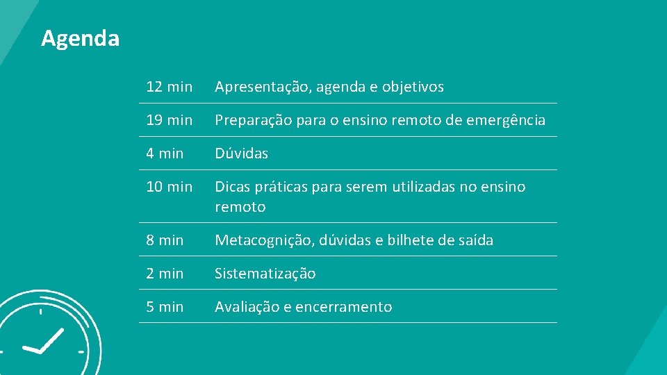 Agenda 12 min Apresentação, agenda e objetivos 19 min Preparação para o ensino remoto