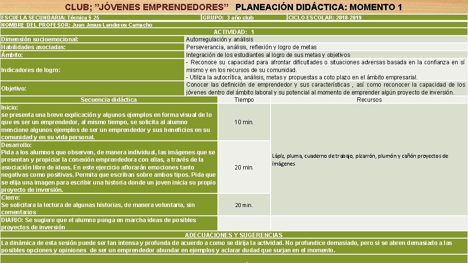 CLUB; ”JÓVENES EMPRENDEDORES” PLANEACIÓN DIDÁCTICA: MOMENTO 1 ESCUELA SECUNDARIA: Técnica $ 25 NOMBRE DEL