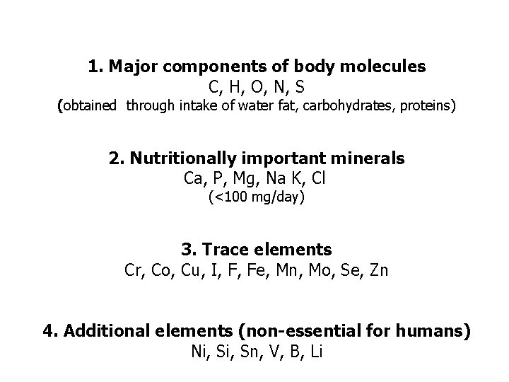 1. Major components of body molecules C, H, O, N, S (obtained through intake