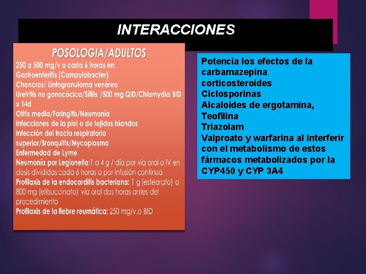 INTERACCIONES Potencia los efectos de la carbamazepina corticosteroides Ciclosporinas Alcaloides de ergotamina, Teofilina Triazolam