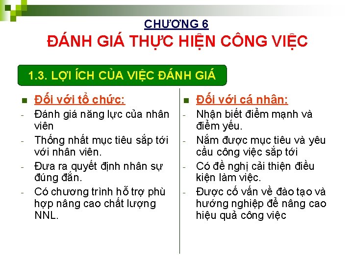 CHƯƠNG 6 ĐÁNH GIÁ THỰC HIỆN CÔNG VIỆC 1. 3. LỢI ÍCH CỦA VIỆC