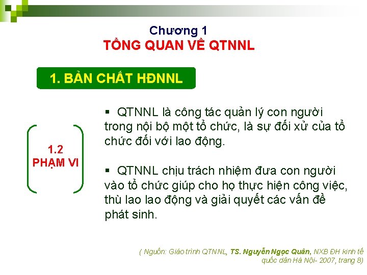 Chương 1 TỔNG QUAN VỀ QTNNL 1. BẢN CHẤT HĐNNL 1. 2 PHẠM VI
