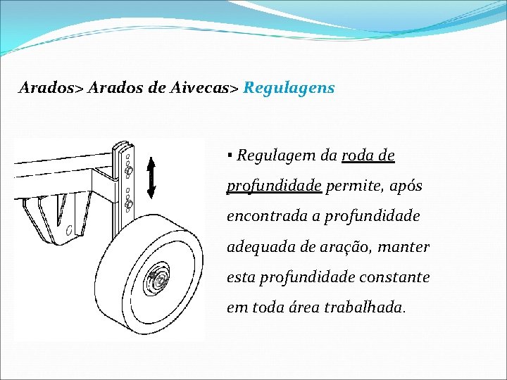 Arados> Arados de Aivecas> Regulagens ▪ Regulagem da roda de profundidade permite, após encontrada