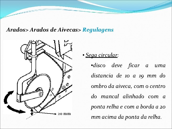 Arados> Arados de Aivecas> Regulagens ▪ Sega circular: • disco deve ficar a uma