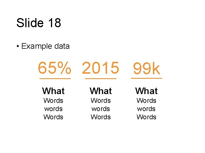 Slide 18 • Example data 65% 2015 99 k What Words words Words 