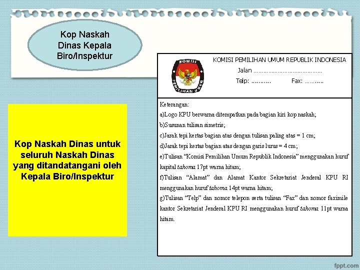 Kop Naskah Dinas Kepala Biro/Inspektur KOMISI PEMILIHAN UMUM REPUBLIK INDONESIA Jalan ………………… Telp: .