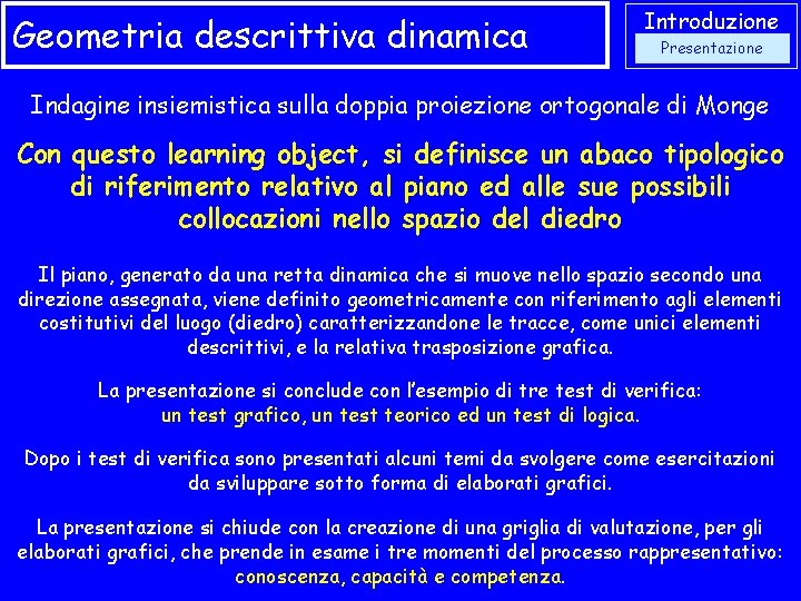 Geometria descrittiva dinamica Introduzione Presentazione Indagine insiemistica sulla doppia proiezione ortogonale di Monge Con