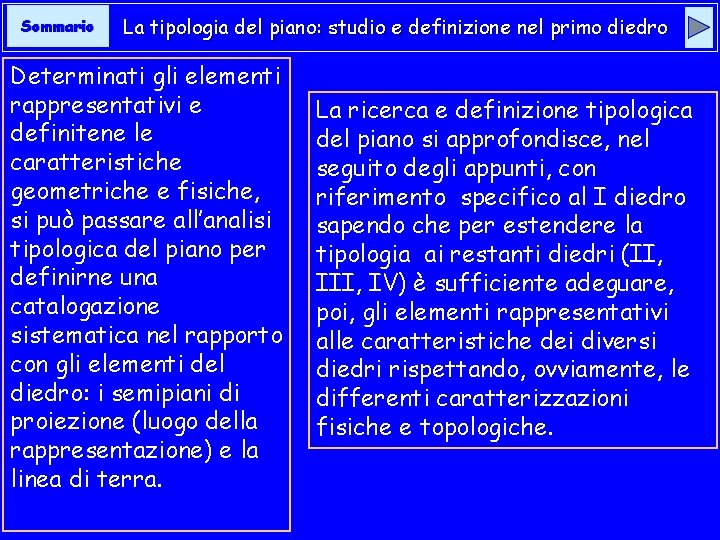 Sommario La tipologia del piano: studio e definizione nel primo diedro Determinati gli elementi