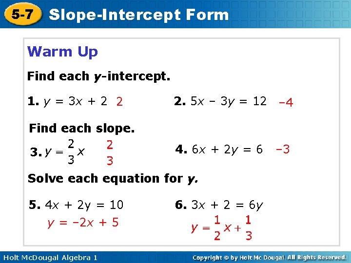 5 -7 Slope-Intercept Form Warm Up Find each y-intercept. 1. y = 3 x