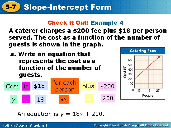5 -7 Slope-Intercept Form Check It Out! Example 4 A caterer charges a $200