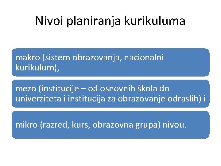 Nivoi planiranja kurikuluma makro (sistem obrazovanja, nacionalni kurikulum), mezo (institucije – od osnovnih škola Nivoi planiranja kurikuluma makro (sistem obrazovanja, nacionalni kurikulum), mezo (institucije – od osnovnih škola